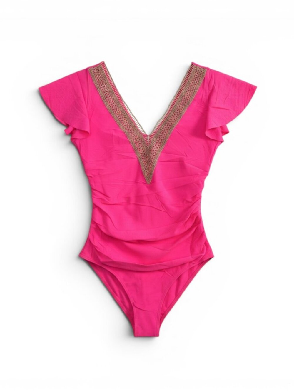 Women’s V-Neck Ruffle Sleeve One-Piece Swimsuit - Hot Pink